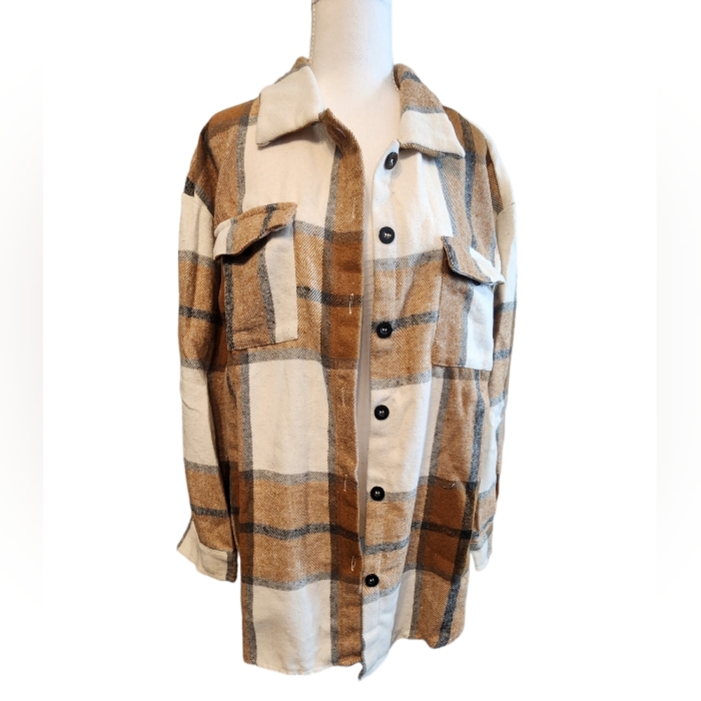 Biege Mix Colors Plaid Shacket Jacket Outerwear Womens Sz L(8/10)